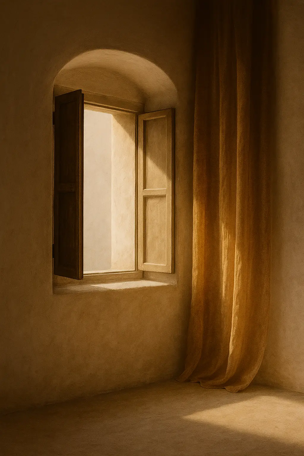 Janela de madeira aberta em uma parede de tom bege, permitindo a entrada de luz natural suave. Ao lado da janela, há uma cortina longa em tom dourado, feita de um tecido leve. A luz do sol cria sombras suaves no chão e na cortina, dando uma atmosfera aconchegante e tranquila ao ambiente. As paredes e o piso possuem uma textura rústica, sugerindo simplicidade e calor. Não há objetos decorativos aparentes, transmitindo uma sensação de minimalismo.