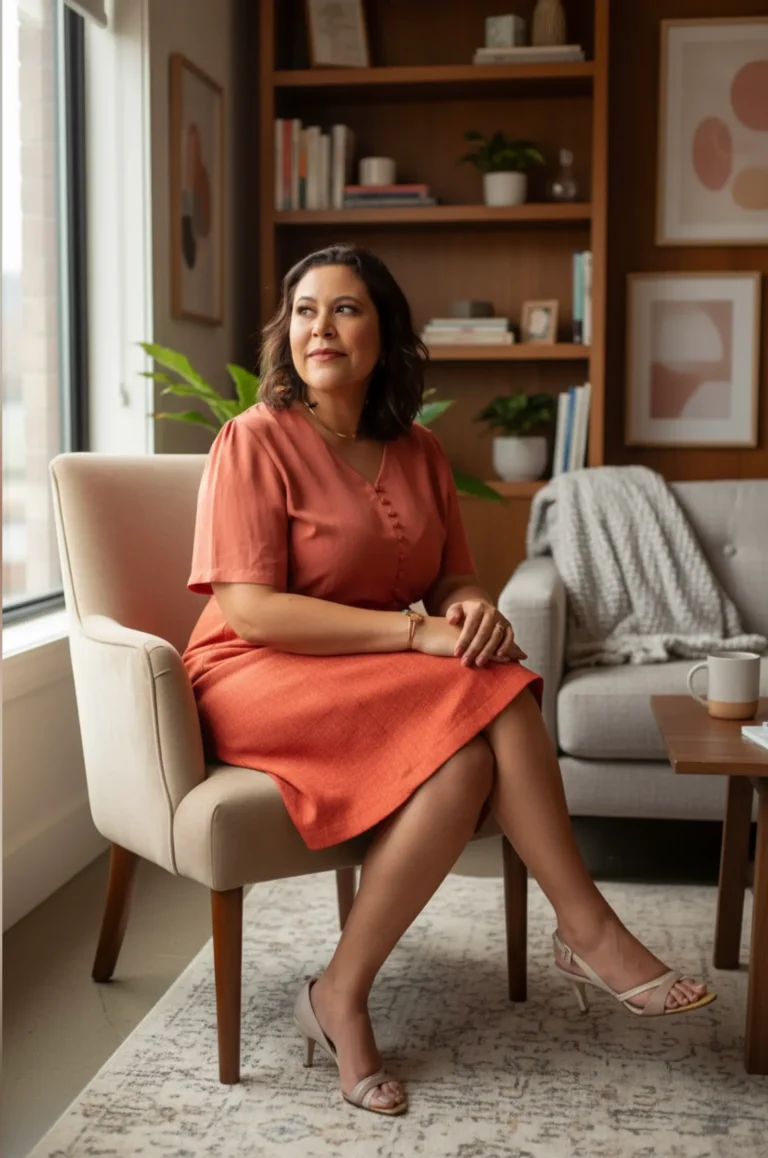 Mulher sentada em uma poltrona bege, vestindo um vestido laranja de tecido leve e sandálias de salto bege. Ela tem cabelos castanhos escuros na altura dos ombros, levemente ondulados, e está olhando para o lado com expressão suave e serena. O ambiente parece ser uma sala ou escritório elegantemente decorado, com uma estante de livros ao fundo contendo alguns livros, plantas e objetos decorativos. Atrás dela, há um sofá cinza com uma manta cinza clara dobrada, e sobre a mesa de centro ao lado do sofá, está uma caneca. O espaço é iluminado por luz natural vinda de uma grande janela à esquerda. A atmosfera geral é acolhedora, confortável