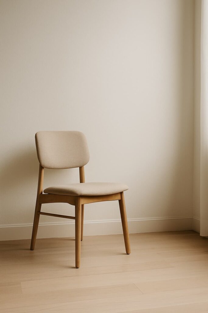 Cadeira vazia em ambiente minimalista iluminado por luz suave, representando sensação de silêncio e vazio emocional.