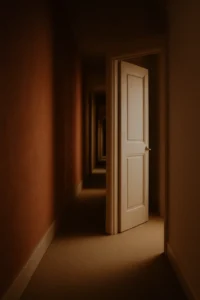 Corredor escuro com paredes de cor quente, possivelmente avermelhadas ou amarronzadas. No lado direito do corredor, há uma porta branca entreaberta, permitindo a entrada de uma sutil luz dourada no ambiente. O corredor parece longo e há outras portas visíveis ao fundo, criando uma sensação de profundidade e mistério. A iluminação é suave e cria sombras marcantes no chão e nas paredes, conferindo um clima acolhedor, porém um pouco enigmático.