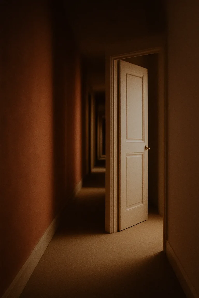 Corredor escuro com paredes de cor quente, possivelmente avermelhadas ou amarronzadas. No lado direito do corredor, há uma porta branca entreaberta, permitindo a entrada de uma sutil luz dourada no ambiente. O corredor parece longo e há outras portas visíveis ao fundo, criando uma sensação de profundidade e mistério. A iluminação é suave e cria sombras marcantes no chão e nas paredes, conferindo um clima acolhedor, porém um pouco enigmático.