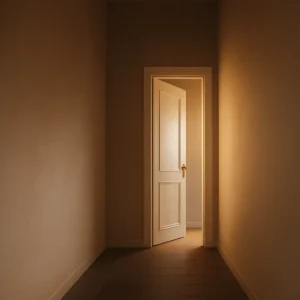 Corredor estreito com paredes e piso em tons neutros, puxando para o bege e marrom suave. No final do corredor, há uma porta branca entreaberta, através da qual entra uma luz quente e aconchegante, iluminando parcialmente o chão próximo à porta e a parede do lado direito. A cena transmite uma sensação de tranquilidade e um certo mistério, devido ao contraste entre o ambiente mais escuro do corredor e a claridade vindo do cômodo ao fundo.