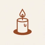 Desenho minimalista de uma vela. A imagem mostra uma vela cilíndrica, feita com um traço marrom simples, centralizada sobre um fundo bege claro. No topo da vela, há uma chama estilizada, também desenhada com traço marrom, e o pavio aparece no centro. O desenho tem estilo limpo e sem detalhes extras.