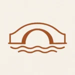 Desenho minimalista de uma ponte arqueada, vista de frente, feita em linhas marrons. Abaixo da ponte, um caminho sinuoso parte do centro inferior da imagem em direção à ponte, também desenhado em marrom claro. O fundo é bege claro, liso e sem detalhes.
