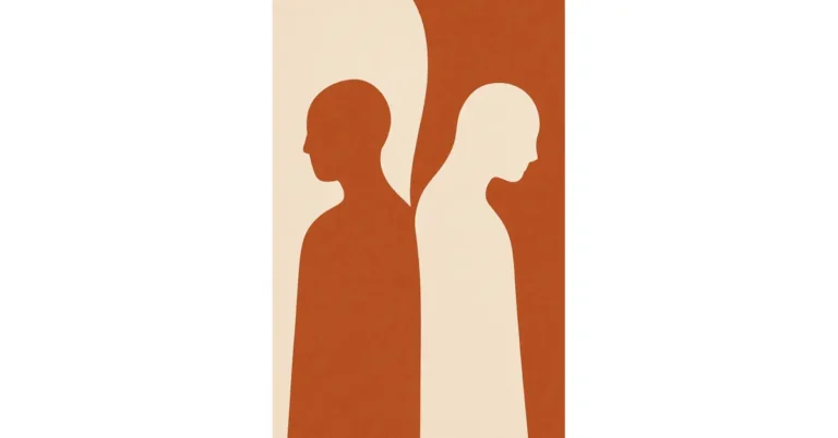 Duas silhuetas humanas minimalistas, costas com costas. A imagem mostra duas figuras humanas estilizadas e abstratas, ambas sem detalhes faciais. A figura da esquerda é marrom-avermelhada, voltada para a esquerda, com ombros retos e cabeça levantada. A figura da direita é bege-clara, voltada para a direita, com a cabeça levemente inclinada para baixo, sugerindo um estado pensativo ou triste. As silhuetas estão de costas uma para a outra, divididas por uma linha orgânica que separa a parte clara da parte escura da imagem. O estilo é minimalista, com forte contraste de cores e ausência de outros elementos.