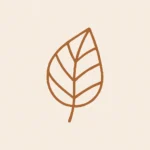 Desenho minimalista de uma folha. A folha está centralizada, com contorno marrom e traços internos representando as nervuras principais e secundárias. O fundo é bege claro e não possui outros elementos ou detalhes. O estilo do desenho é simples, lembrando um esboço feito à mão.