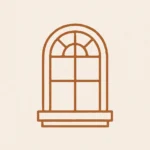 Desenho minimalista de uma janela arqueada, com alguns traços que representam plantas na parte inferior esquerda do quadro da janela. Um feixe de luz bege entra pela janela, vindo do canto superior direito, e se projeta para dentro do ambiente. O fundo é bege claro e não há outros detalhes ou cores na imagem.