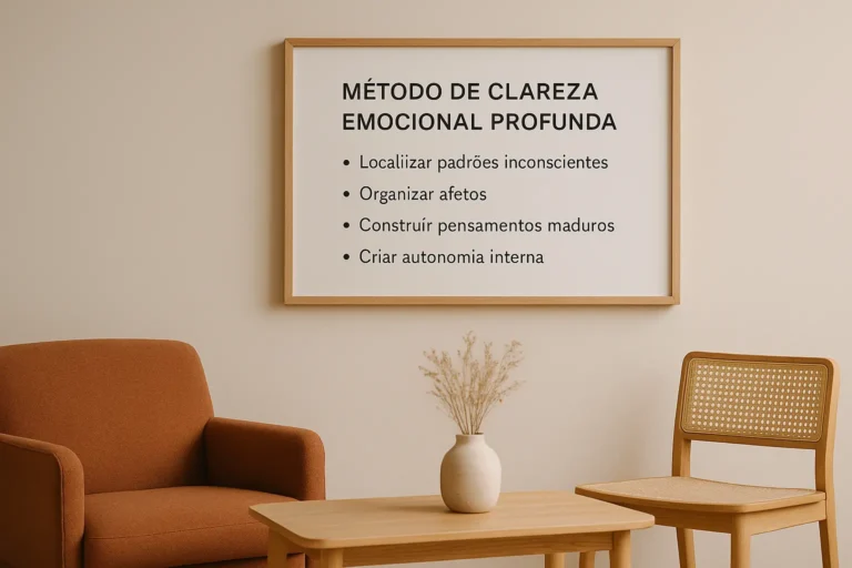 Sala de atendimento psicanalitico em Campinas, com ambiente acolhedor e quadro que descreve os pilares do metodo clareza emocional profunda, texto: MÉTODO DE CLAREZA EMOCIONAL PROFUNDA • Localizar padrões inconscientes • Organizar afetos • Construir pensamentos maduros • Criar autonomia interna