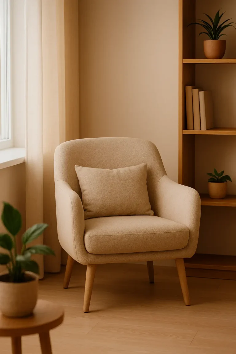 Poltrona bege com almofada, próxima a uma janela com cortinas claras. Ao lado, há uma estante de madeira com livros organizados e plantas em vasos. No canto inferior esquerdo, parte de uma mesa redonda de madeira com outro vaso de planta. O ambiente é aconchegante, com tons neutros e iluminação suave, transmitindo sensação de conforto e simplicidade.