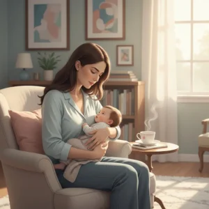 Ilustração realista de uma mãe sentada em uma poltrona clara, segurando e olhando carinhosamente para seu bebê. A mãe veste roupas confortáveis em tons suaves de azul e tem cabelo castanho comprido. O bebê, enrolado em uma manta, repousa tranquilamente nos braços da mãe. Ao lado, há uma mesinha redonda de madeira com uma xícara de chá fumegante em cima. Ao fundo, a cena se passa em uma sala arejada e iluminada pela luz natural que entra pela janela. A decoração inclui quadros abstratos na parede, prateleira com livros e plantas, transmitindo um ambiente acolhedor e calmo.